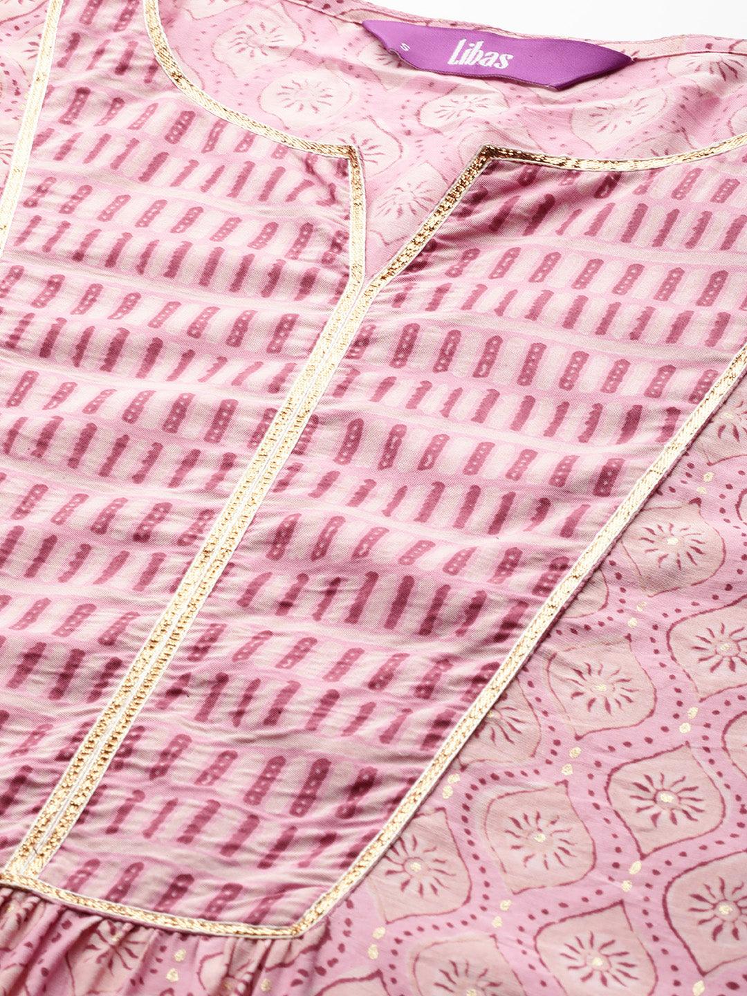 Pink Printed Silk Straight Kurta
