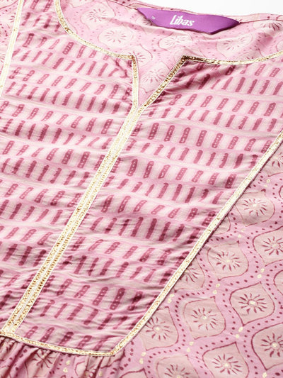 Pink Printed Silk Straight Kurta - Libas