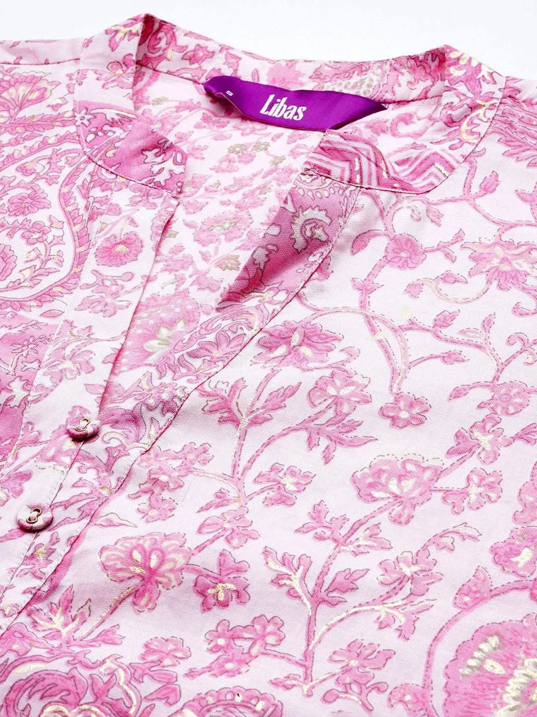 Pink Printed Silk Straight Kurta - Libas 