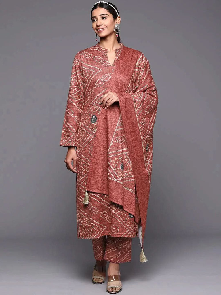 Libas Pink Printed Wool Straight Kurta With Trousers & Dupatta