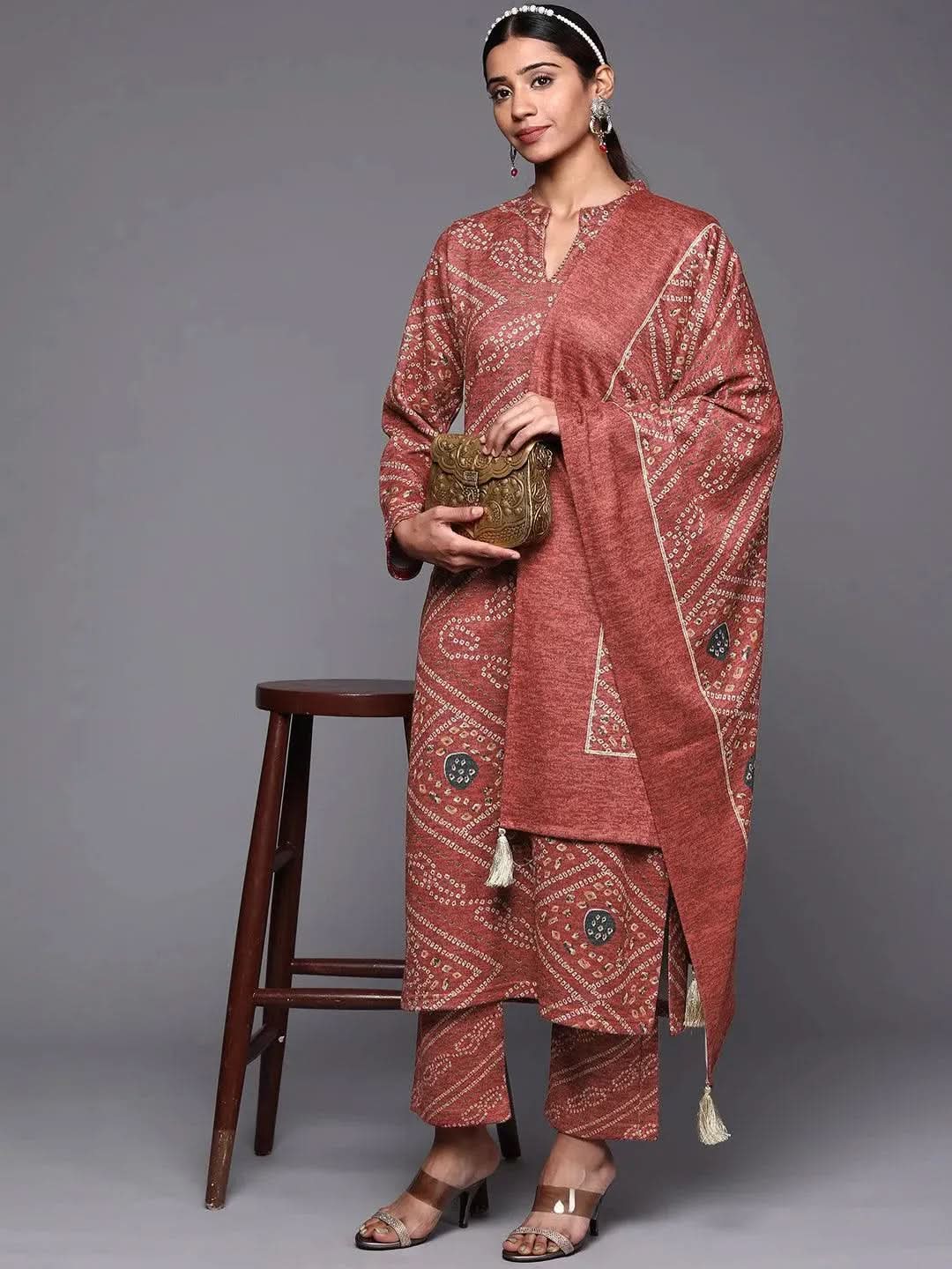 Pink Printed Wool Straight Suit Set - Libas 