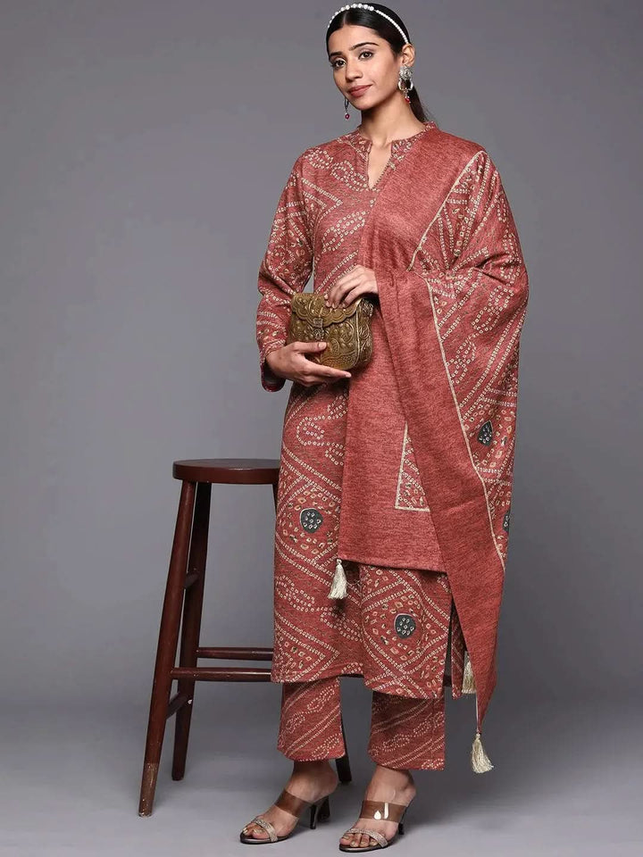 Pink Printed Wool Straight Suit Set - Libas
