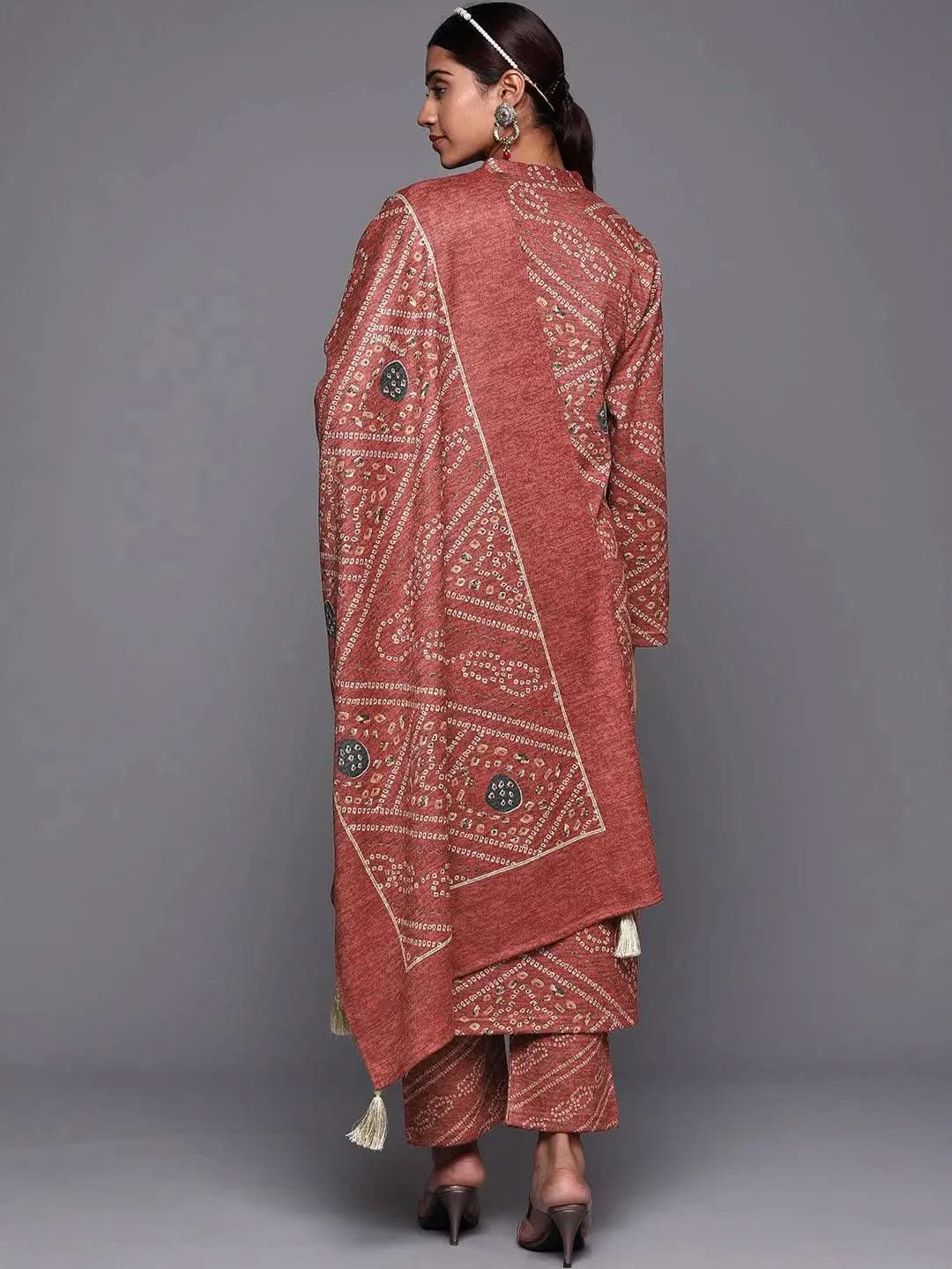 Pink Printed Wool Straight Suit Set - Libas 
