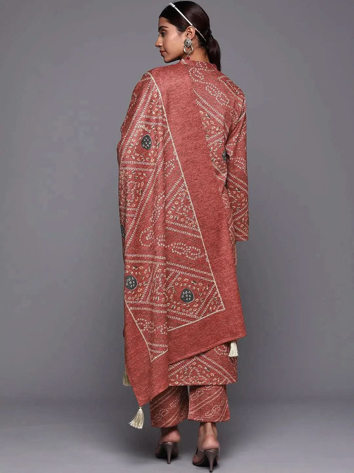Pink Printed Wool Straight Suit Set - Libas