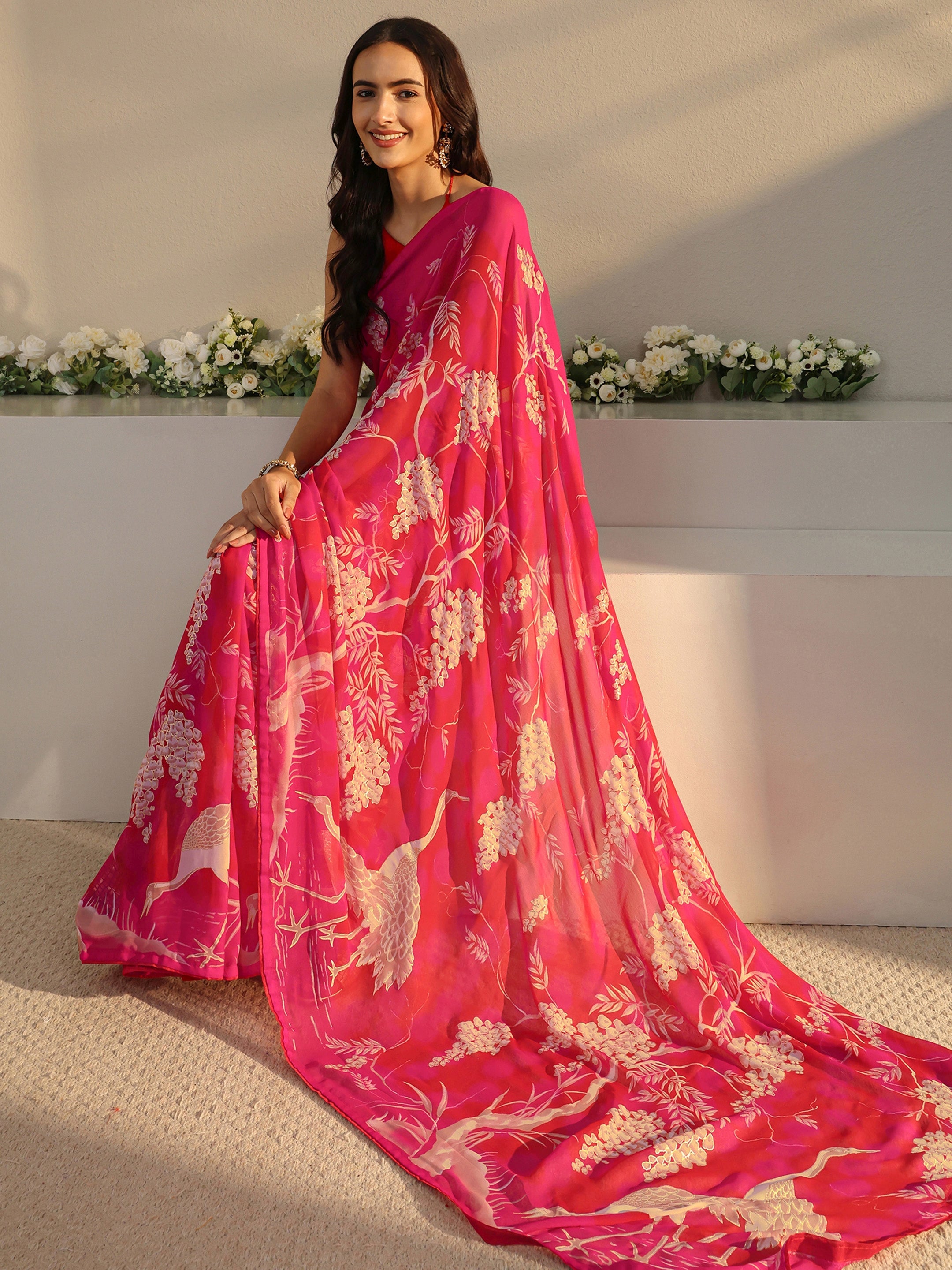 libas Pink Quirky Printed Georgette Saree With Unstitched Blouse Piece-picture-13