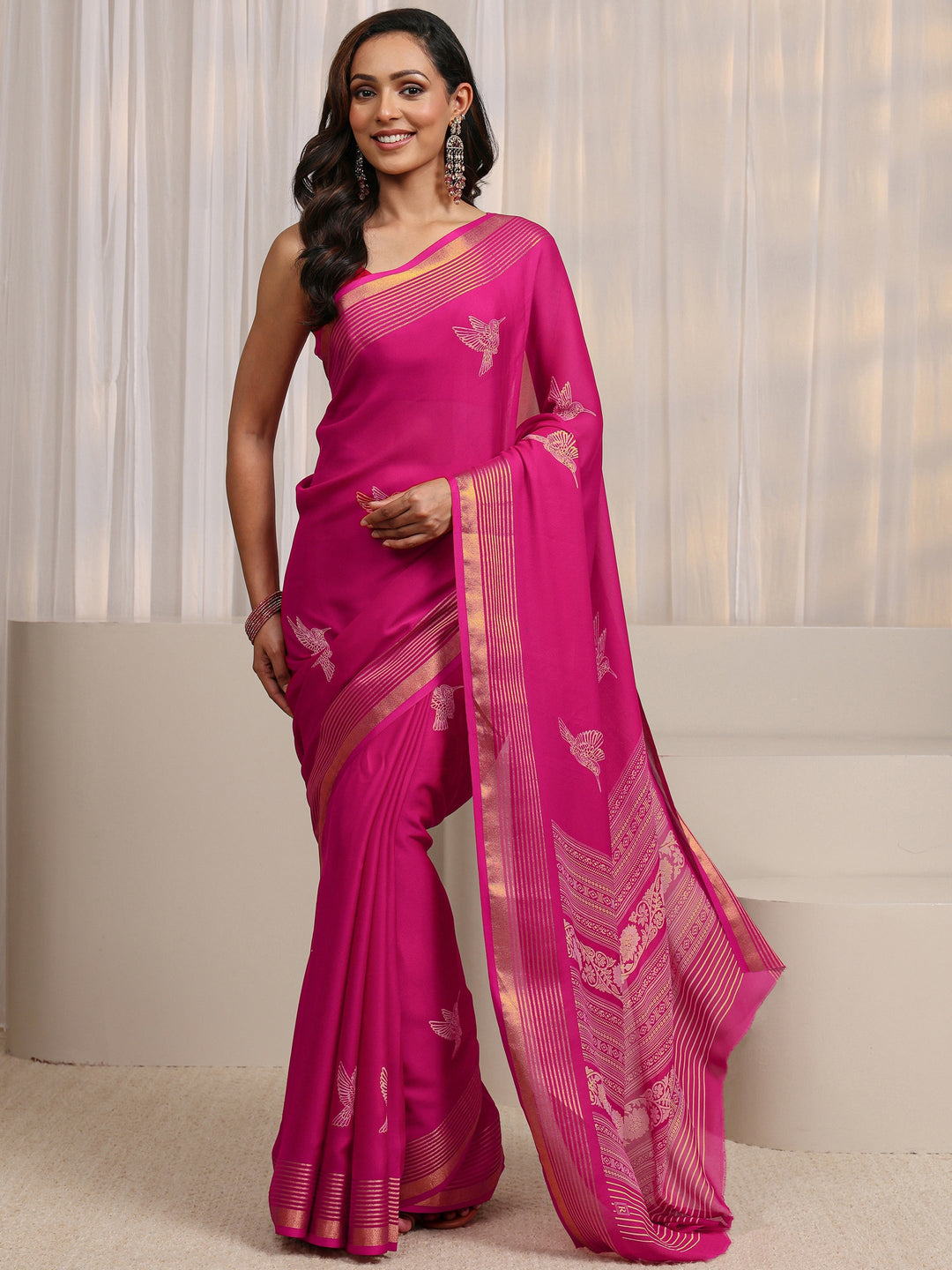 Pink Quirky Printed Silk Blend Saree 
With Unstitched Blouse Piece