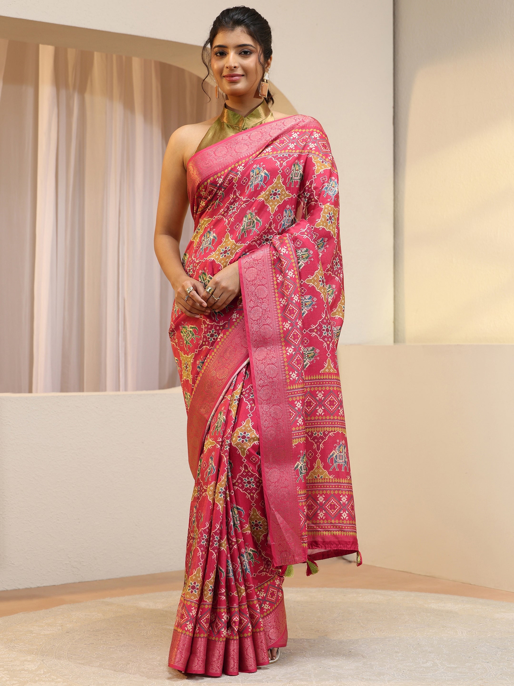 Libas Pink Royal Elephant Print Silk Blend Patola Saree-picture-24