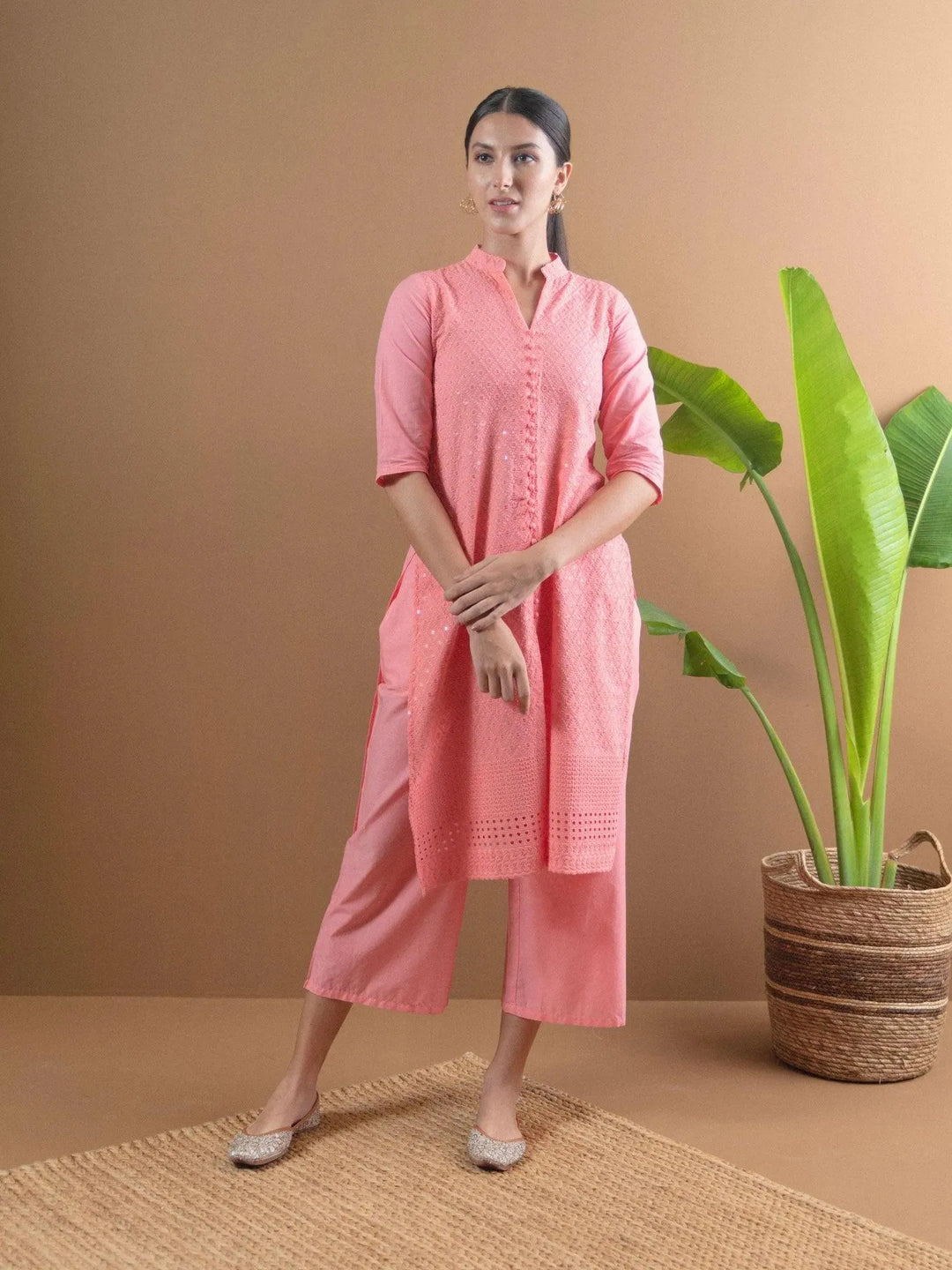 Pink Schiffli Cotton Kurta Set - Libas