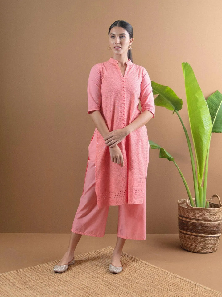 Pink Schiffli Cotton Kurta Set - Libas