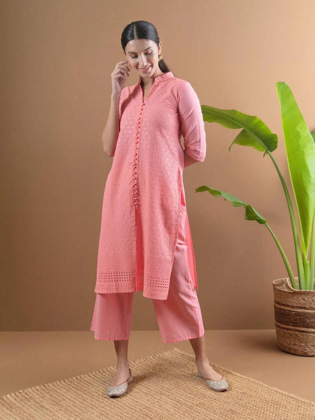 Pink Schiffli Cotton Kurta Set - Libas