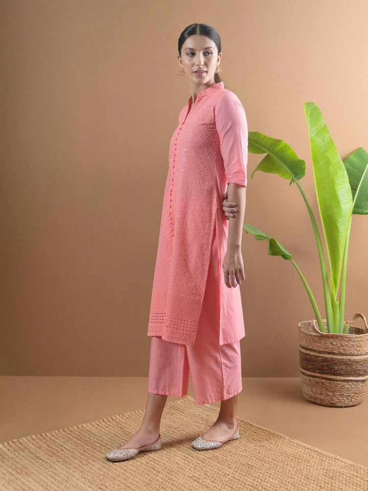 Pink Schiffli Cotton Kurta Set - Libas