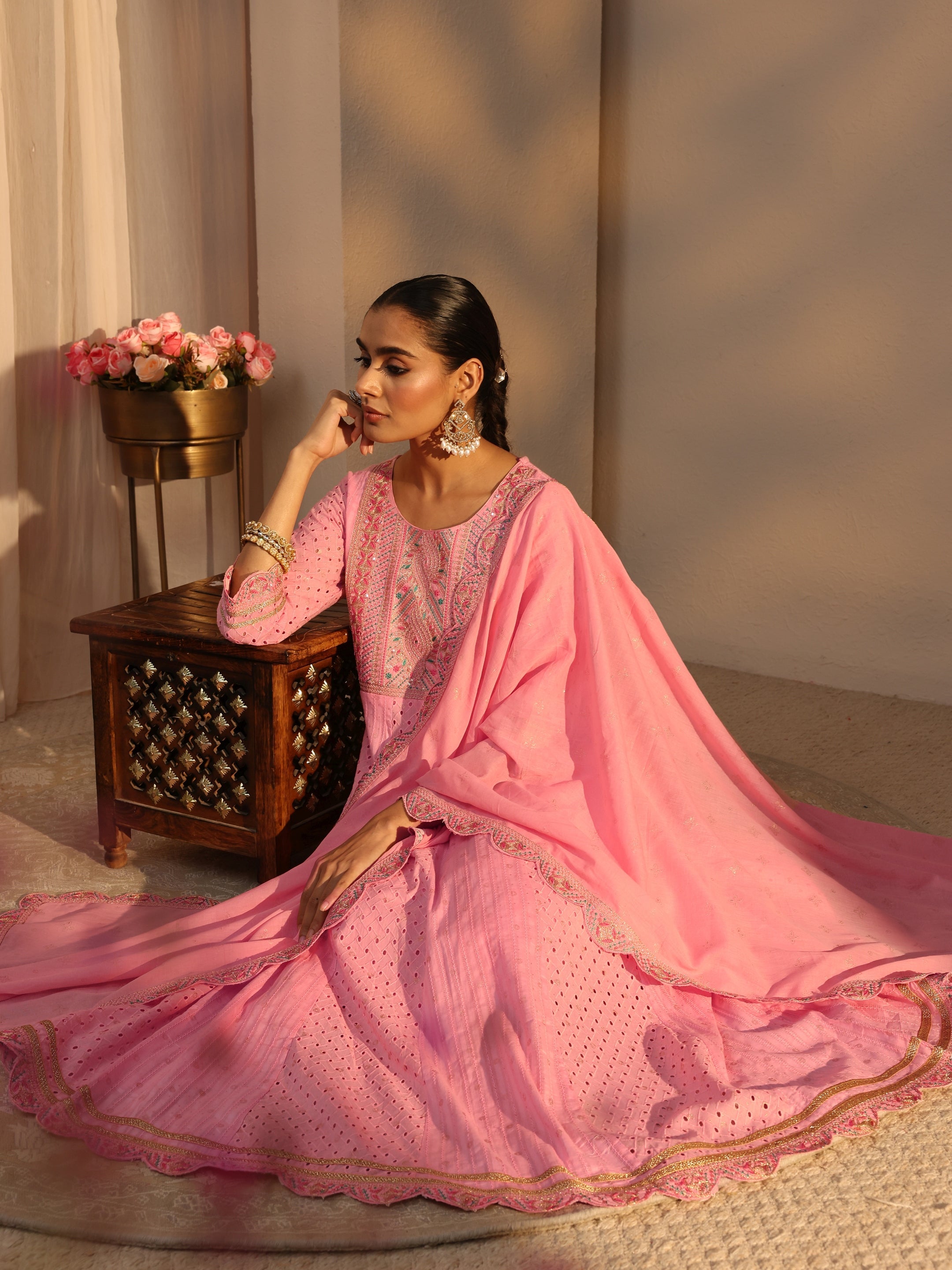 libas Pink Schiffli Embroidered Cotton Anarkali Suits Set With Dupatta-picture-67