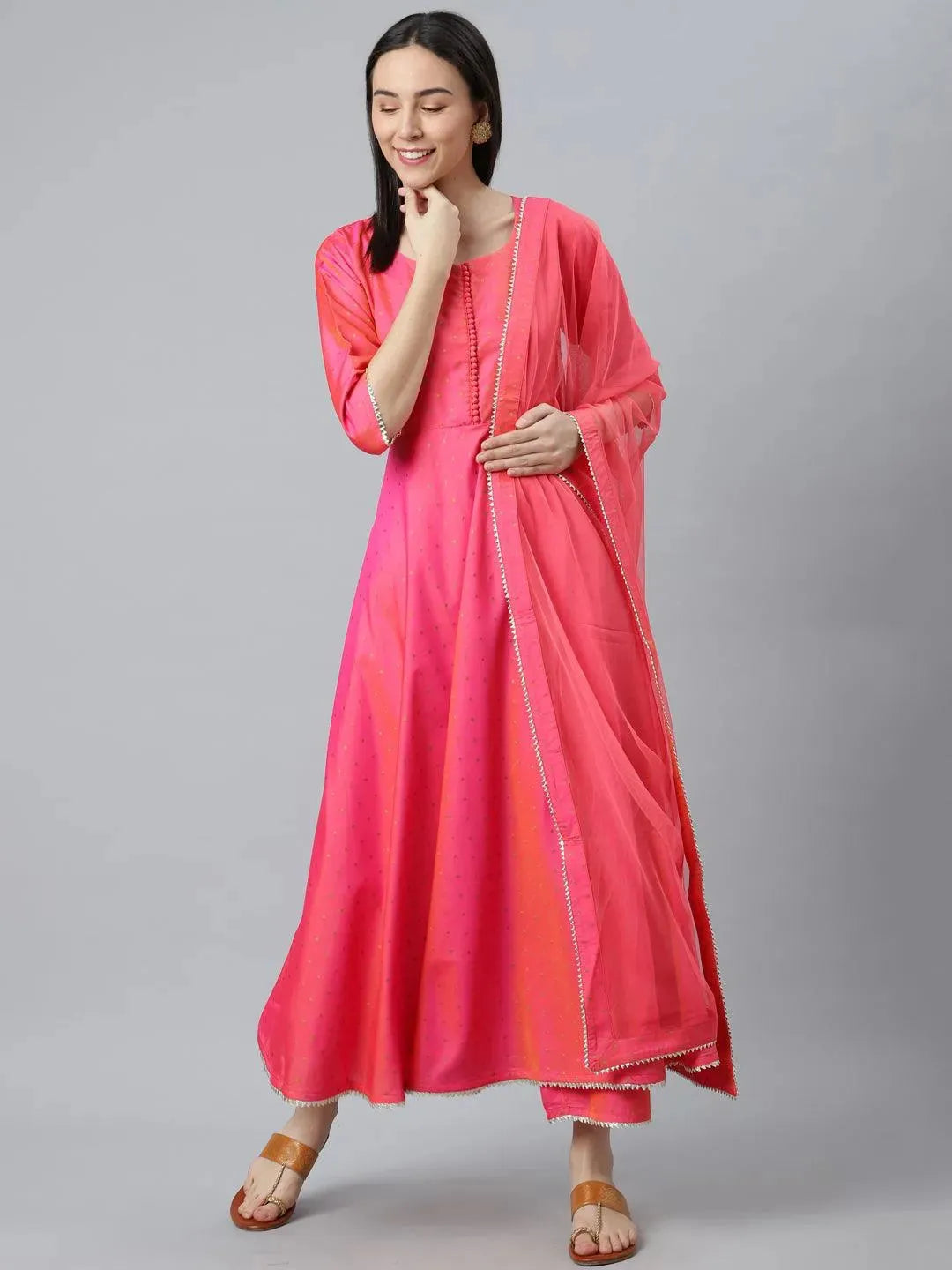 Pink Self Design Chanderi Silk Suit Set - Libas 