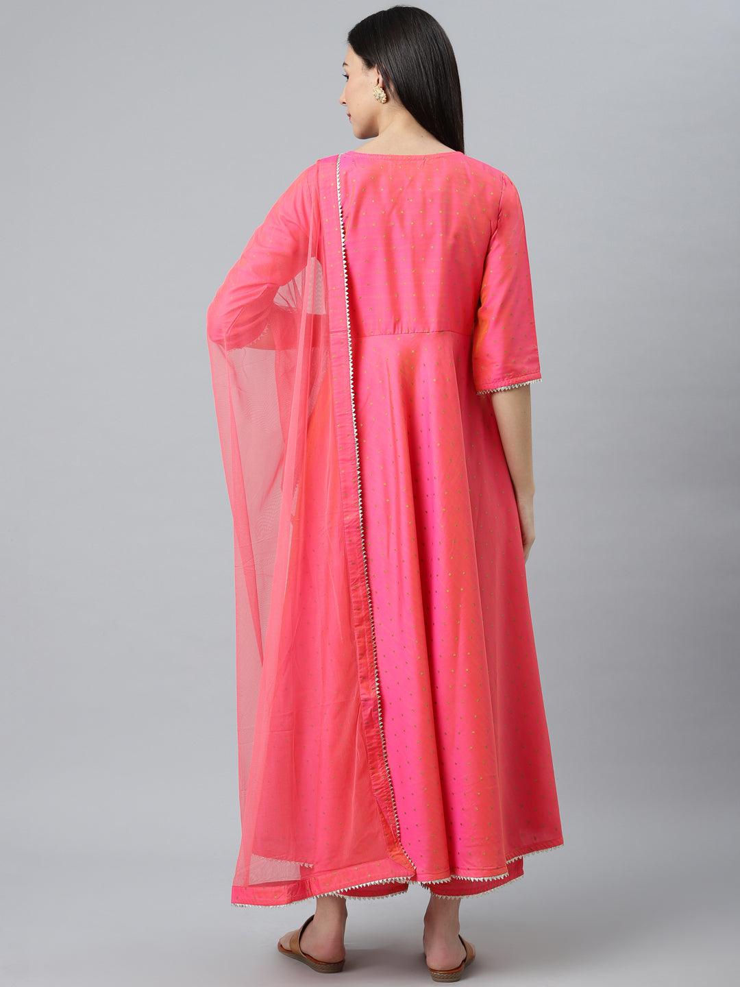 Pink Self Design Chanderi Silk Anarkali Kurta With Palazzos & Dupatta