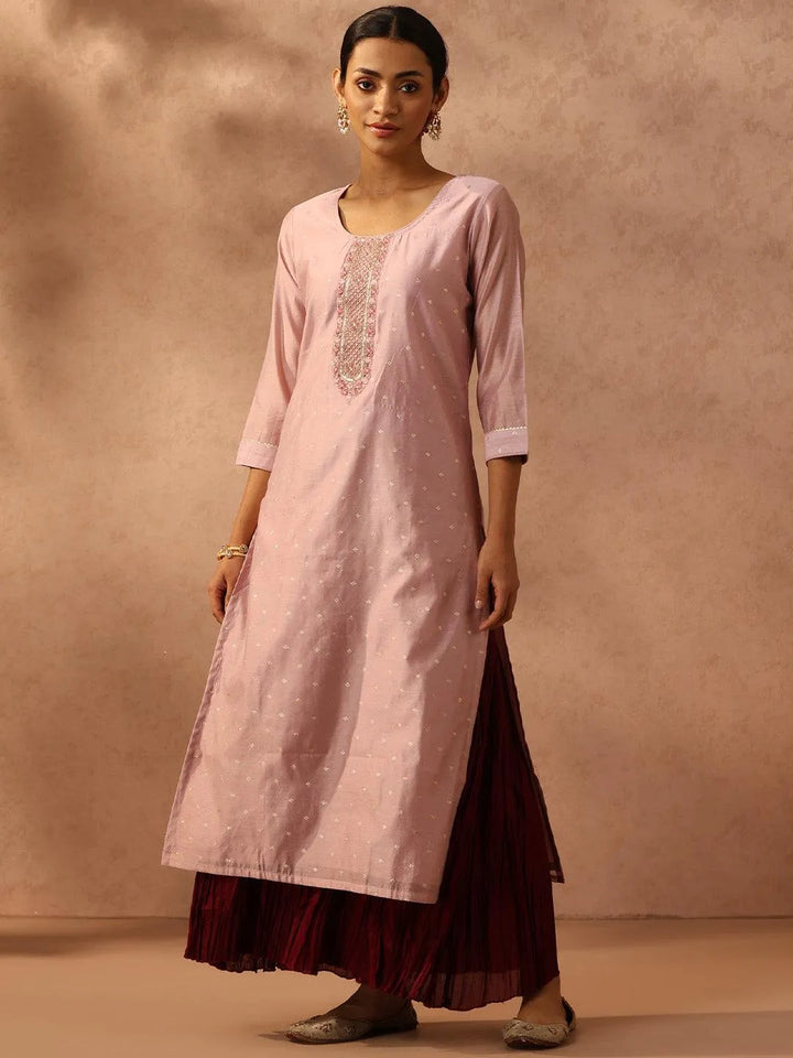 Pink Embellished Chanderi Silk Straight Kurta - Libas