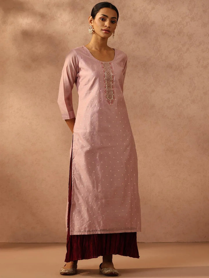 Pink Embellished Chanderi Silk Straight Kurta - Libas