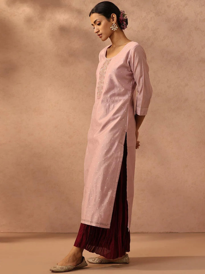 Pink Embellished Chanderi Silk Straight Kurta - Libas