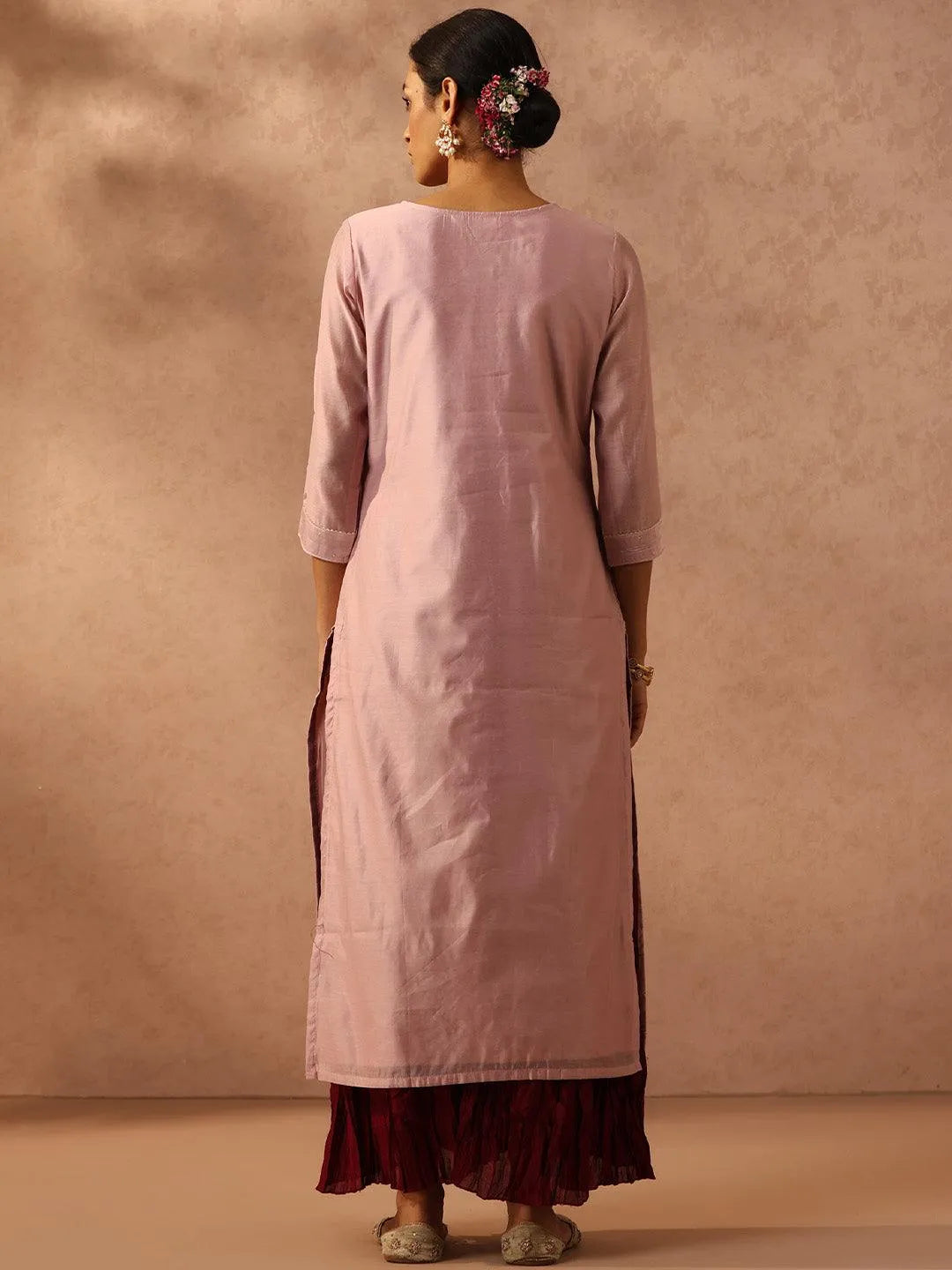 Pink Embellished Chanderi Silk Straight Kurta - Libas