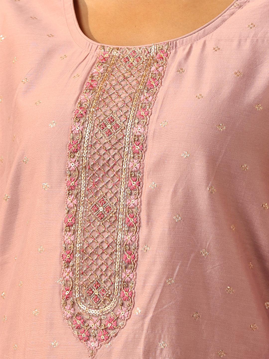 Pink Embellished Chanderi Silk Straight Kurta - Libas