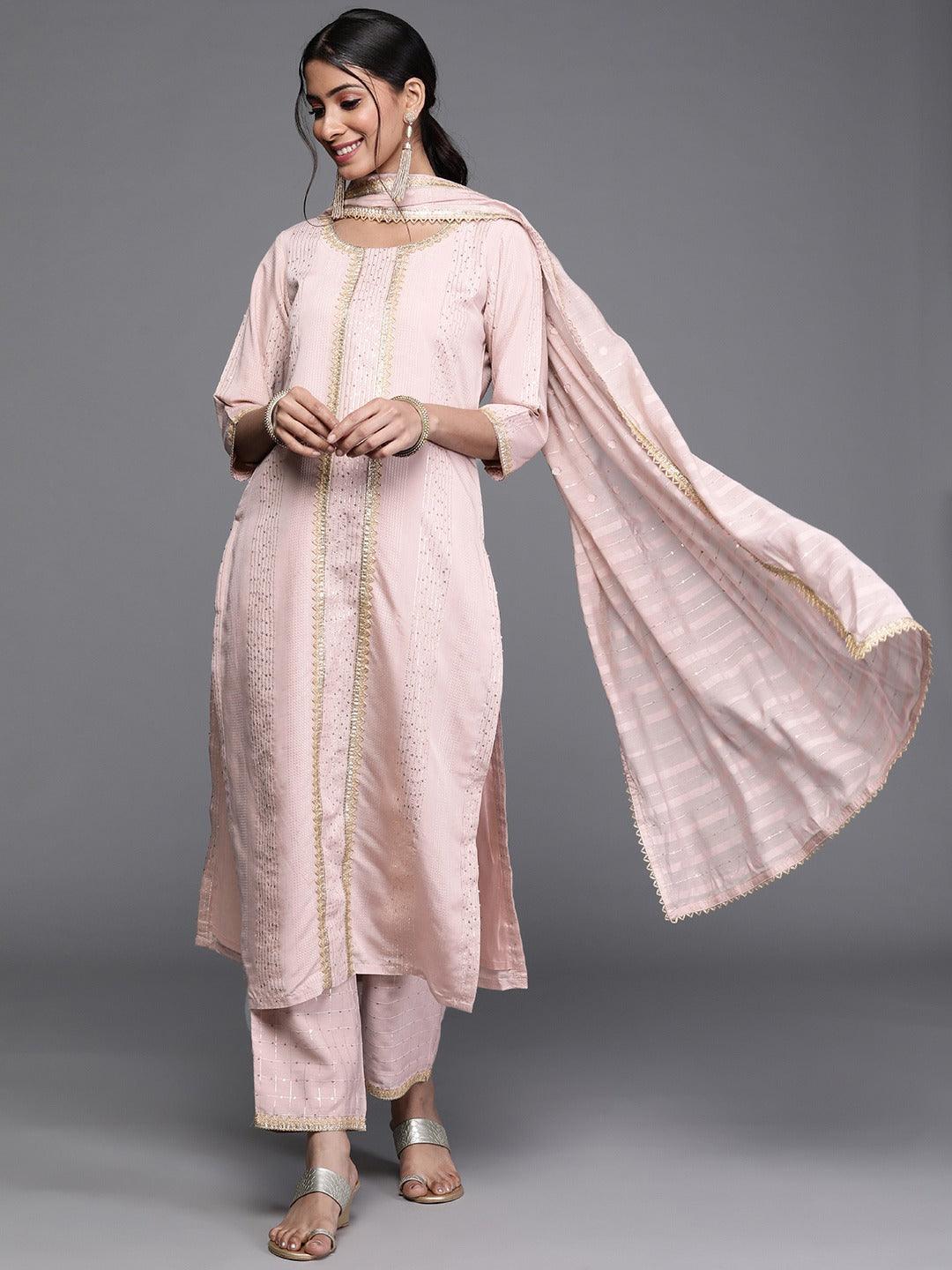 Pink Self Design Chanderi Silk Straight Kurta With Dupatta