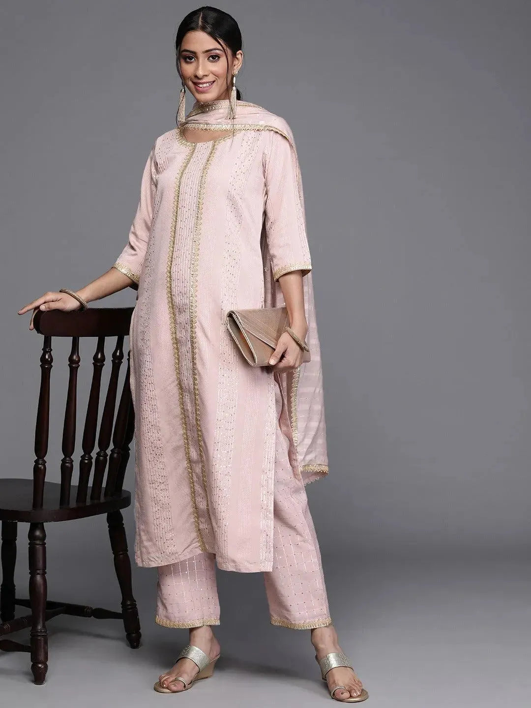 Pink Self Design Chanderi Silk Suit Set - Libas