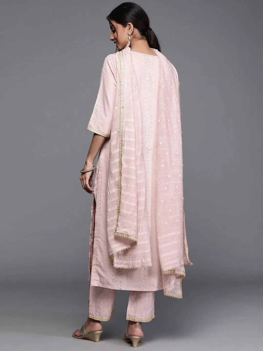 Pink Self Design Chanderi Silk Suit Set - Libas