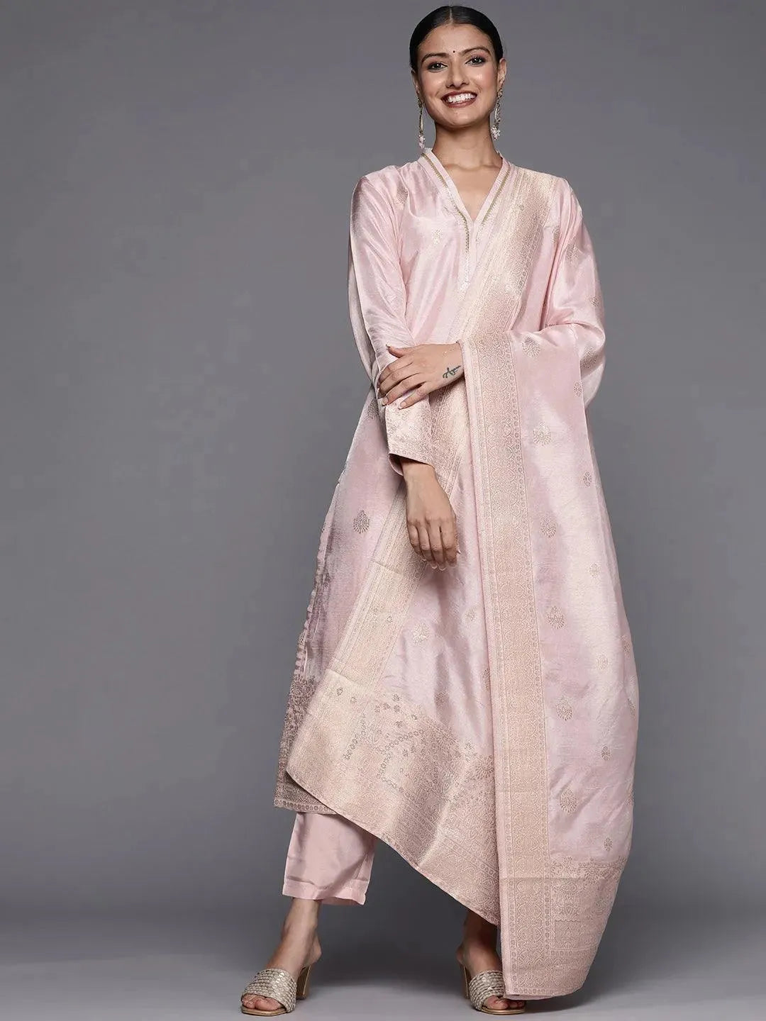 Pink Self Design Chanderi Silk Straight Suit Set - Libas