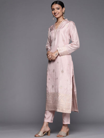 Pink Self Design Chanderi Silk Straight Suit Set - Libas