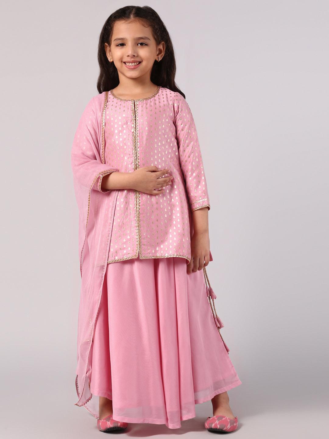 Pink Self Design Chanderi Silk Suit Set - Libas