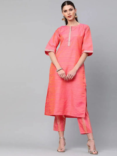 Pink Self Design Chanderi Kurta Set - Libas