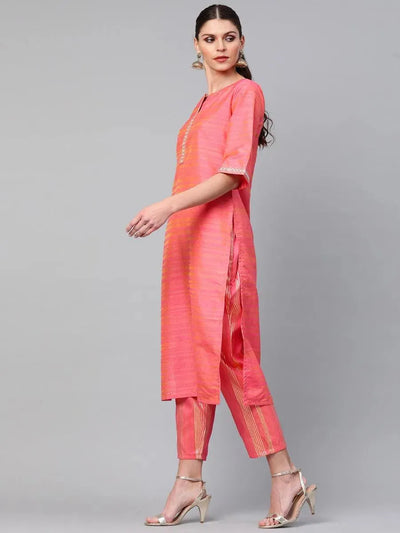 Pink Self Design Chanderi Kurta Set - Libas