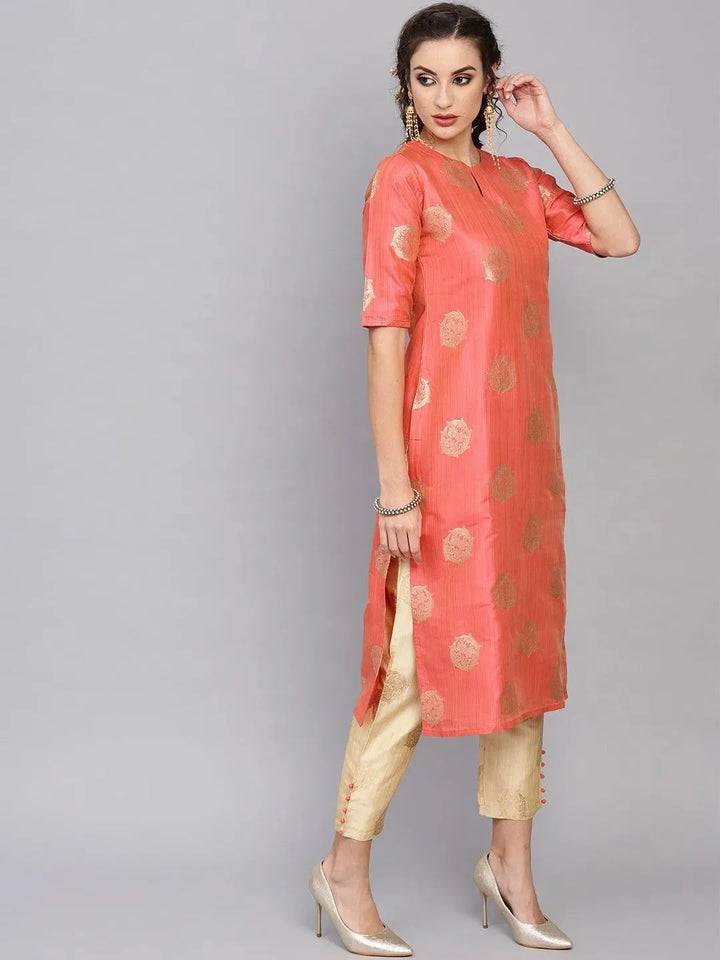 Pink Self Design Chanderi Kurta Set - Libas