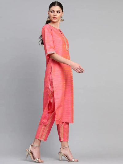 Pink Self Design Chanderi Kurta Set - Libas