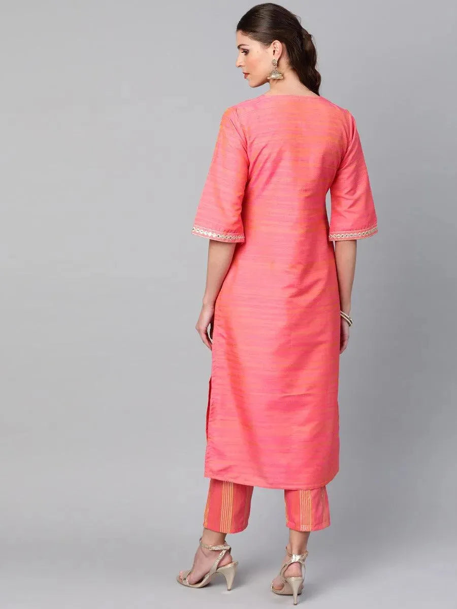 Pink Self Design Chanderi Kurta Set - Libas