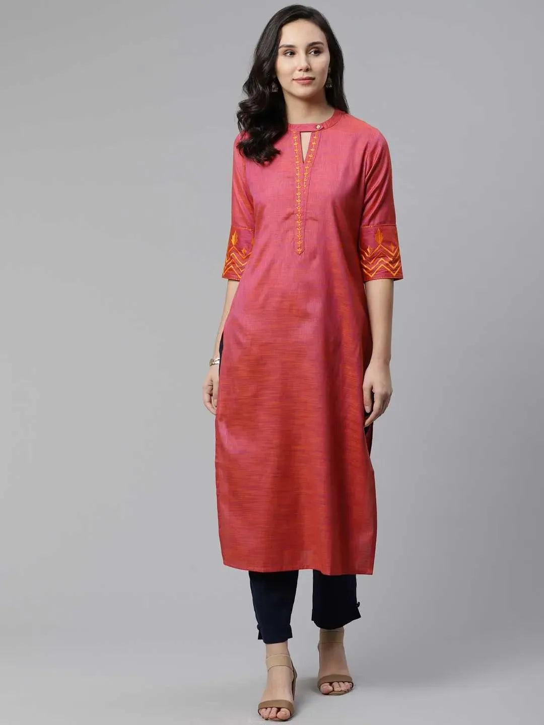 Pink Self Design Cotton Kurta - Libas