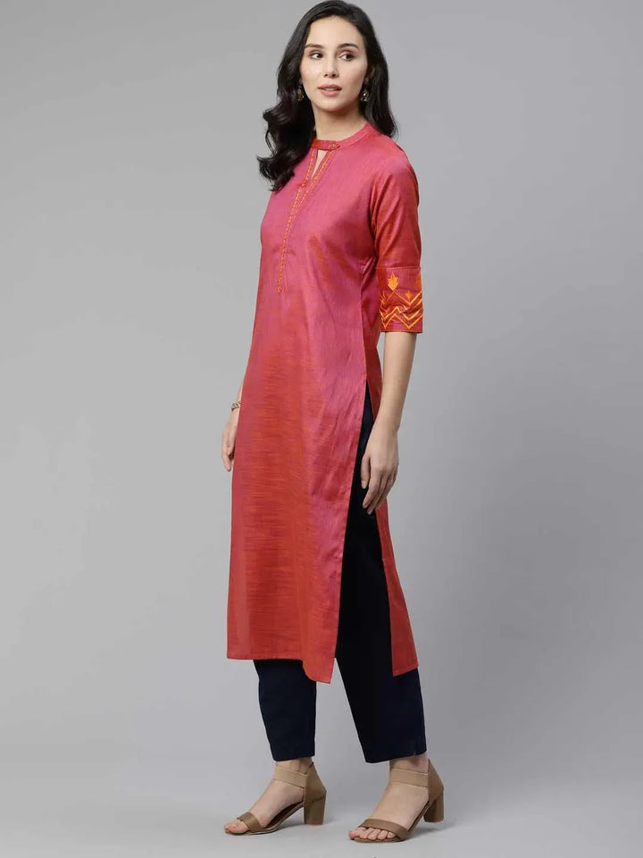 Pink Self Design Cotton Kurta - Libas