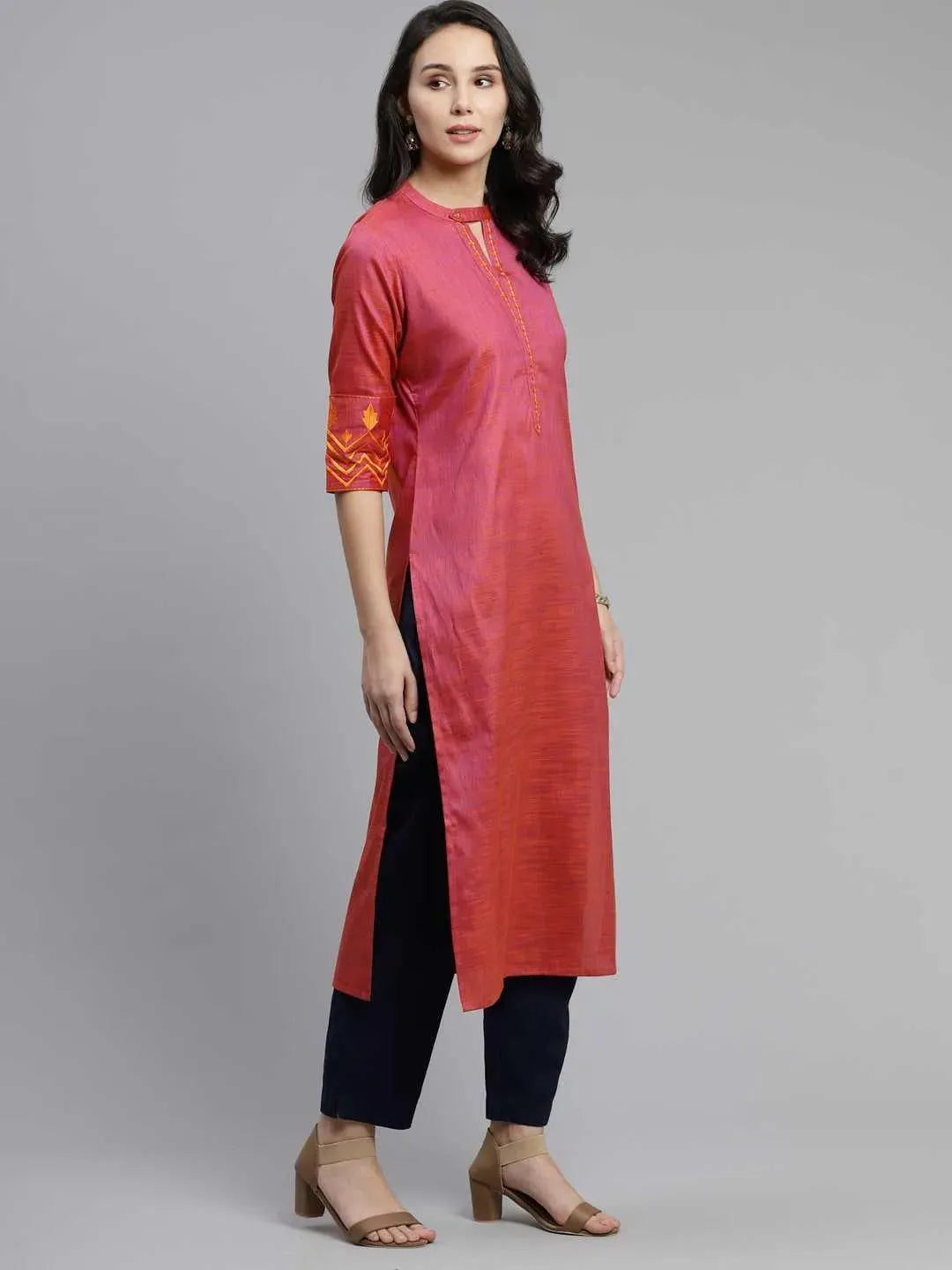 Pink Self Design Cotton Kurta - Libas