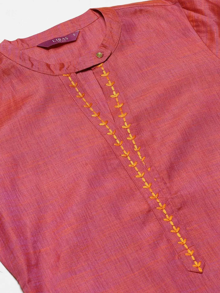 Pink Self Design Cotton Kurta - Libas