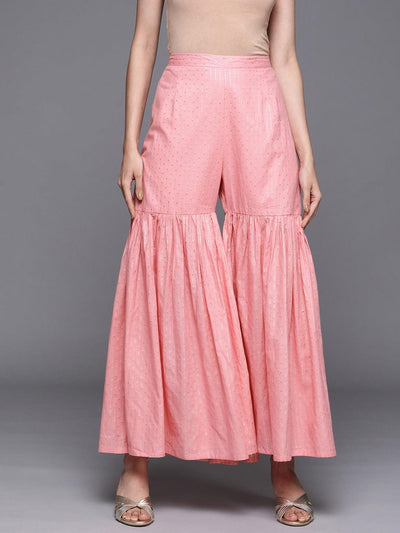 Pink Self Design Cotton Sharara Pants - Libas