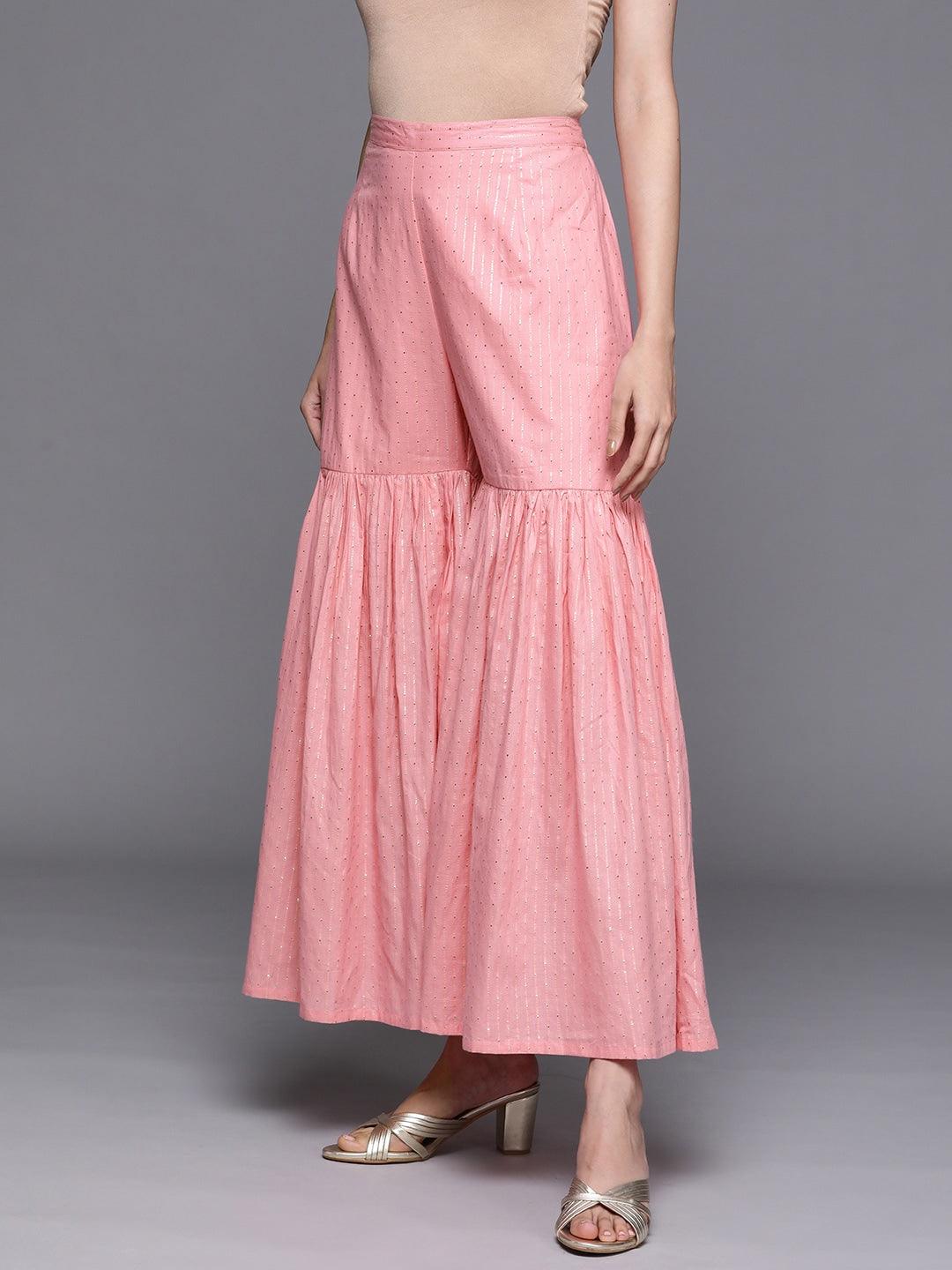 Pink Self Design Cotton Sharara Pants