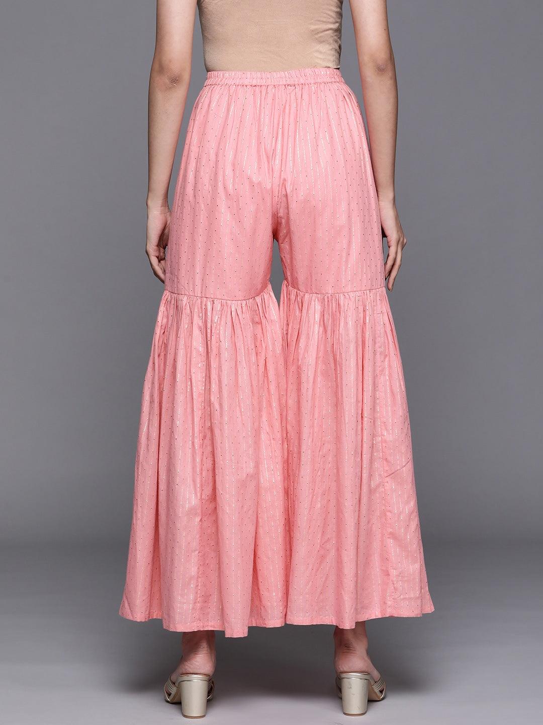 Pink Self Design Cotton Sharara Pants - Libas