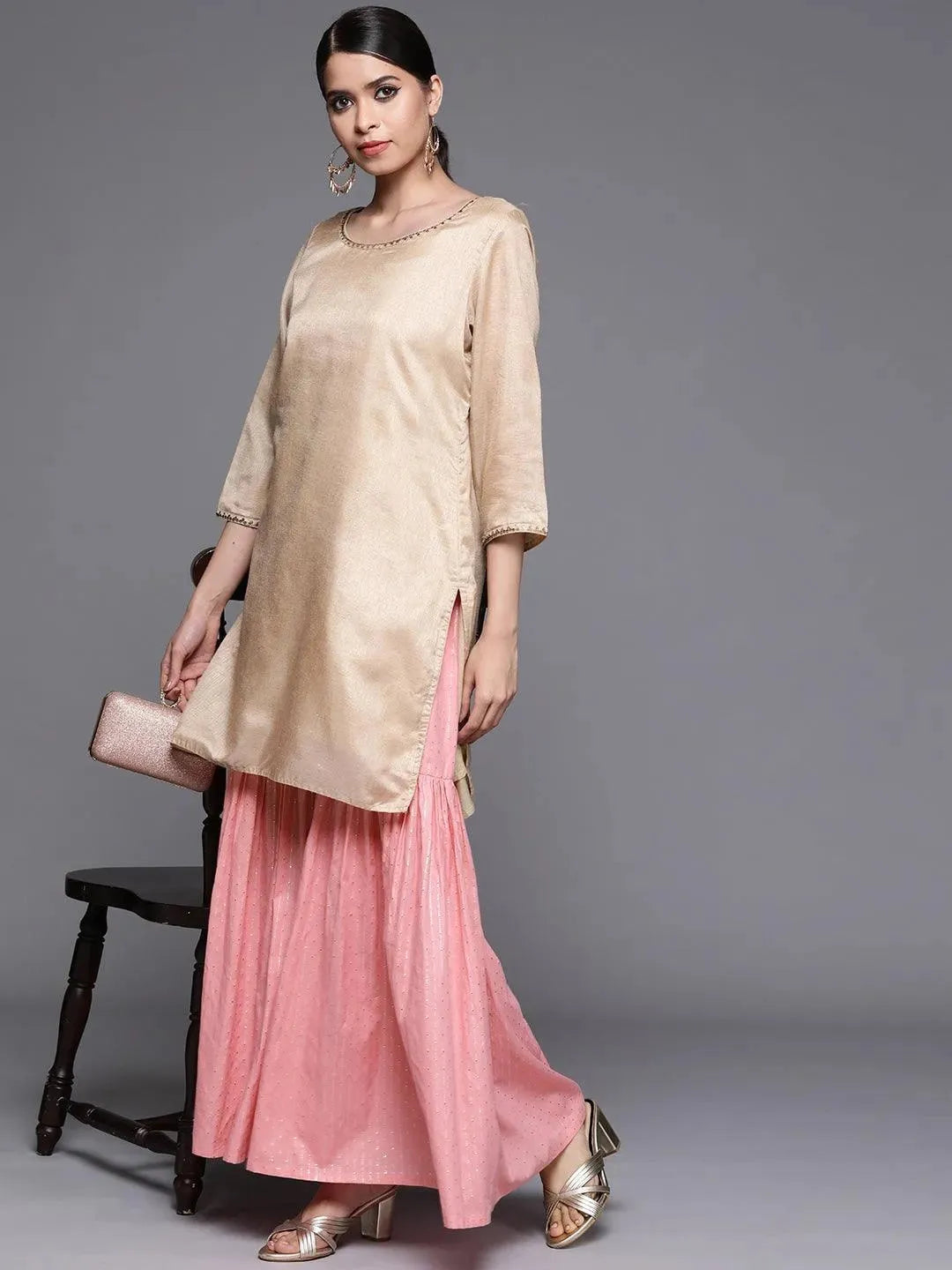 Pink Self Design Cotton Sharara Pants - Libas 