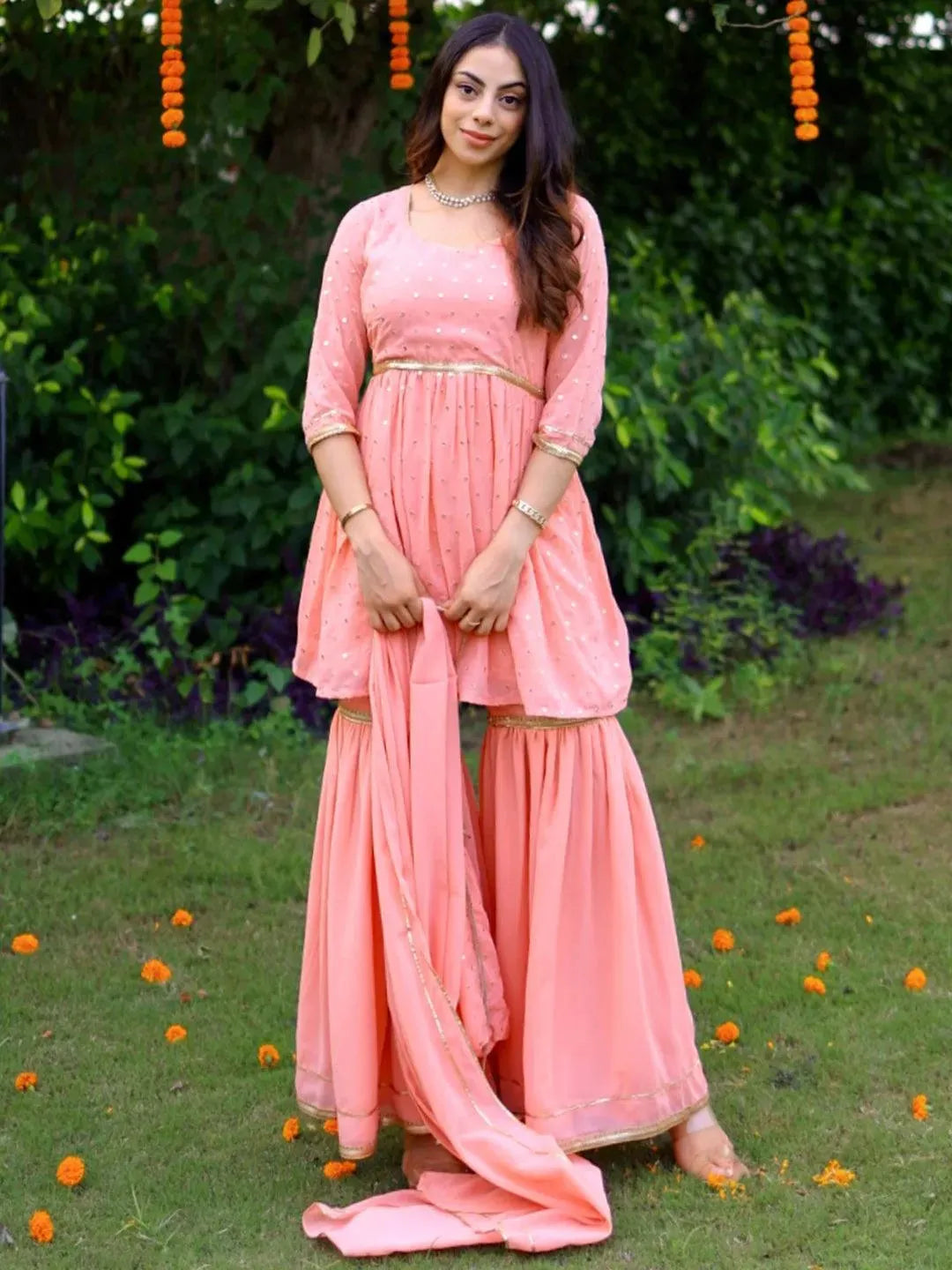 Pink Self Design Georgette Anarkali Kurta With Sharara & Dupatta - Libas 