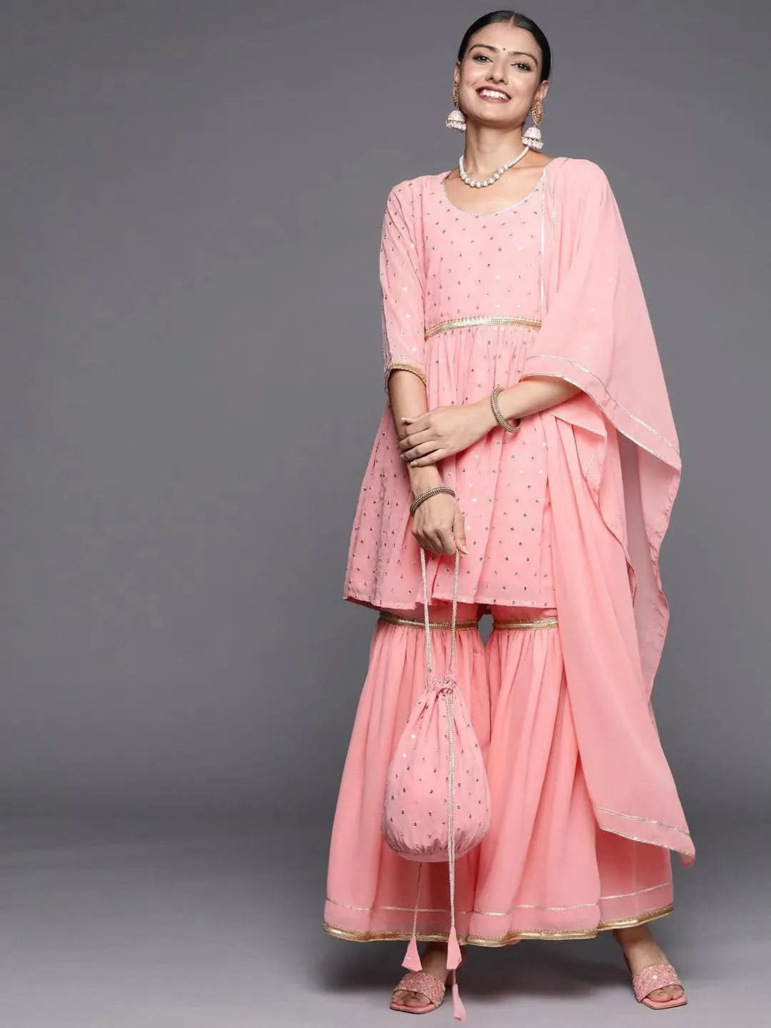 Pink Chinon Anarkali Suit With Zari Work