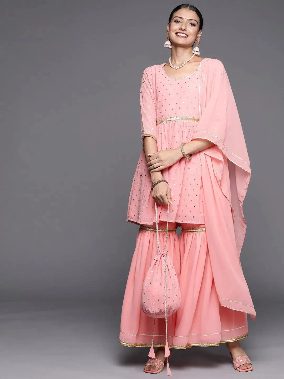 Pink Self Design Georgette Anarkali Suit Set - Libas 
