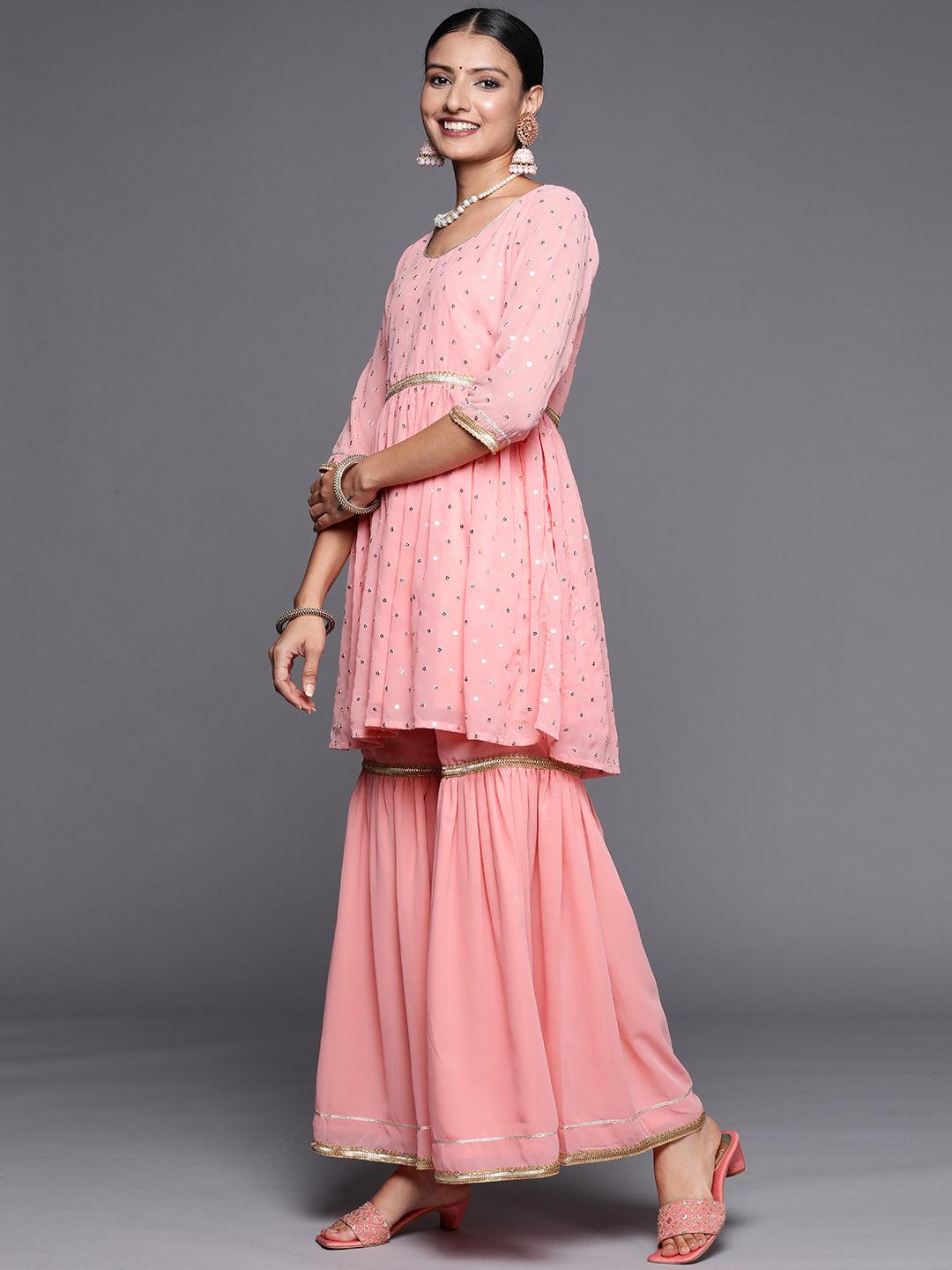 Pink Self Design Georgette Anarkali Sharara Suit Set With Dupatta