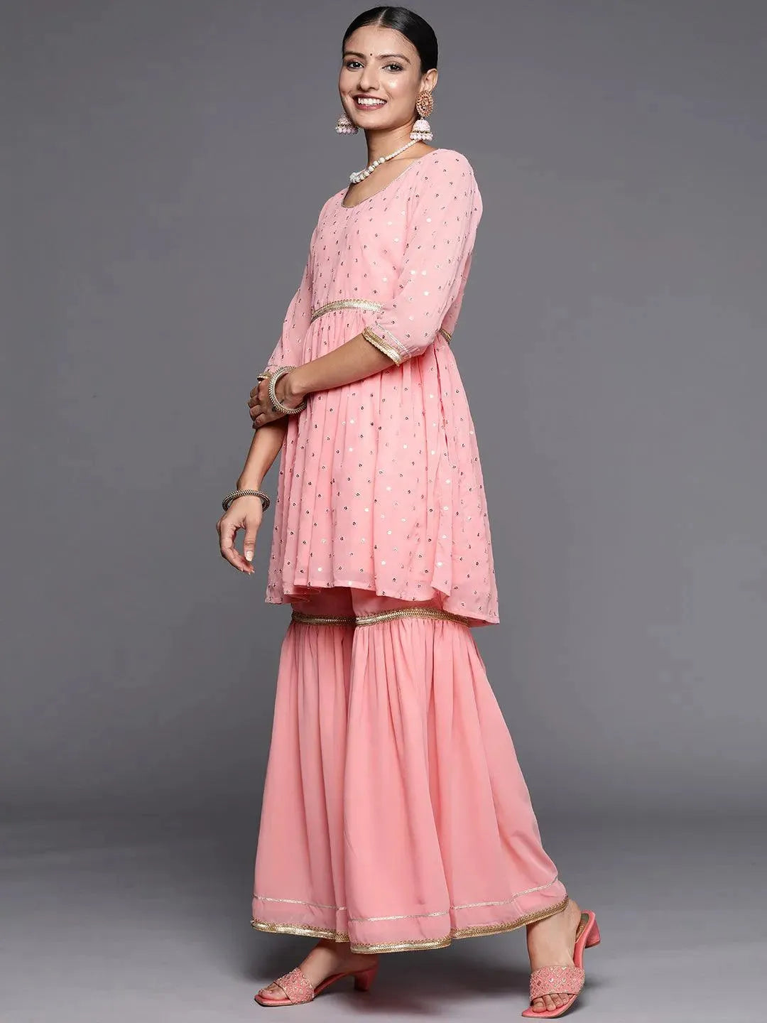 Pink Self Design Georgette Anarkali Suit Set - Libas 