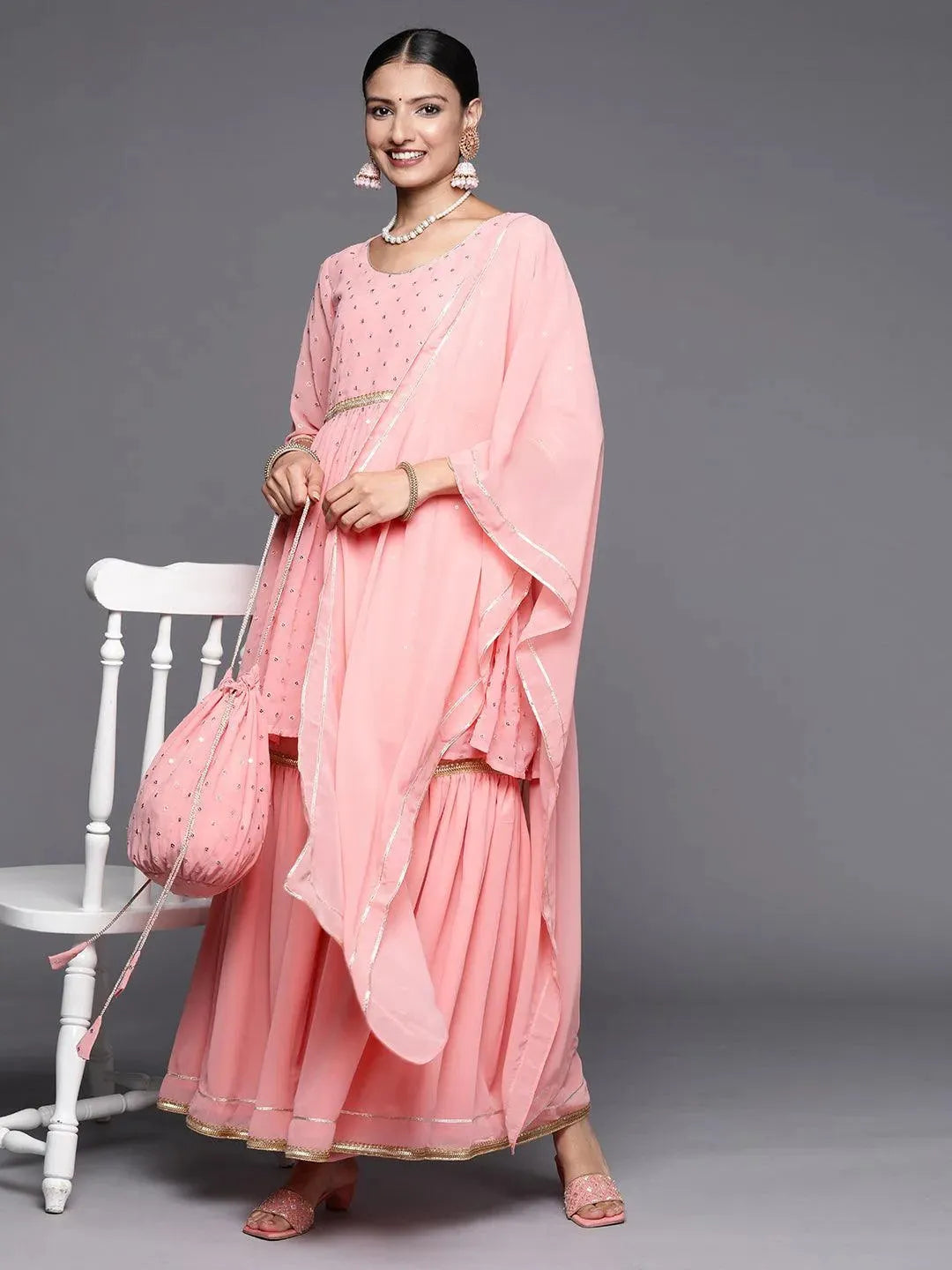 Pink Self Design Georgette Anarkali Suit Set - Libas