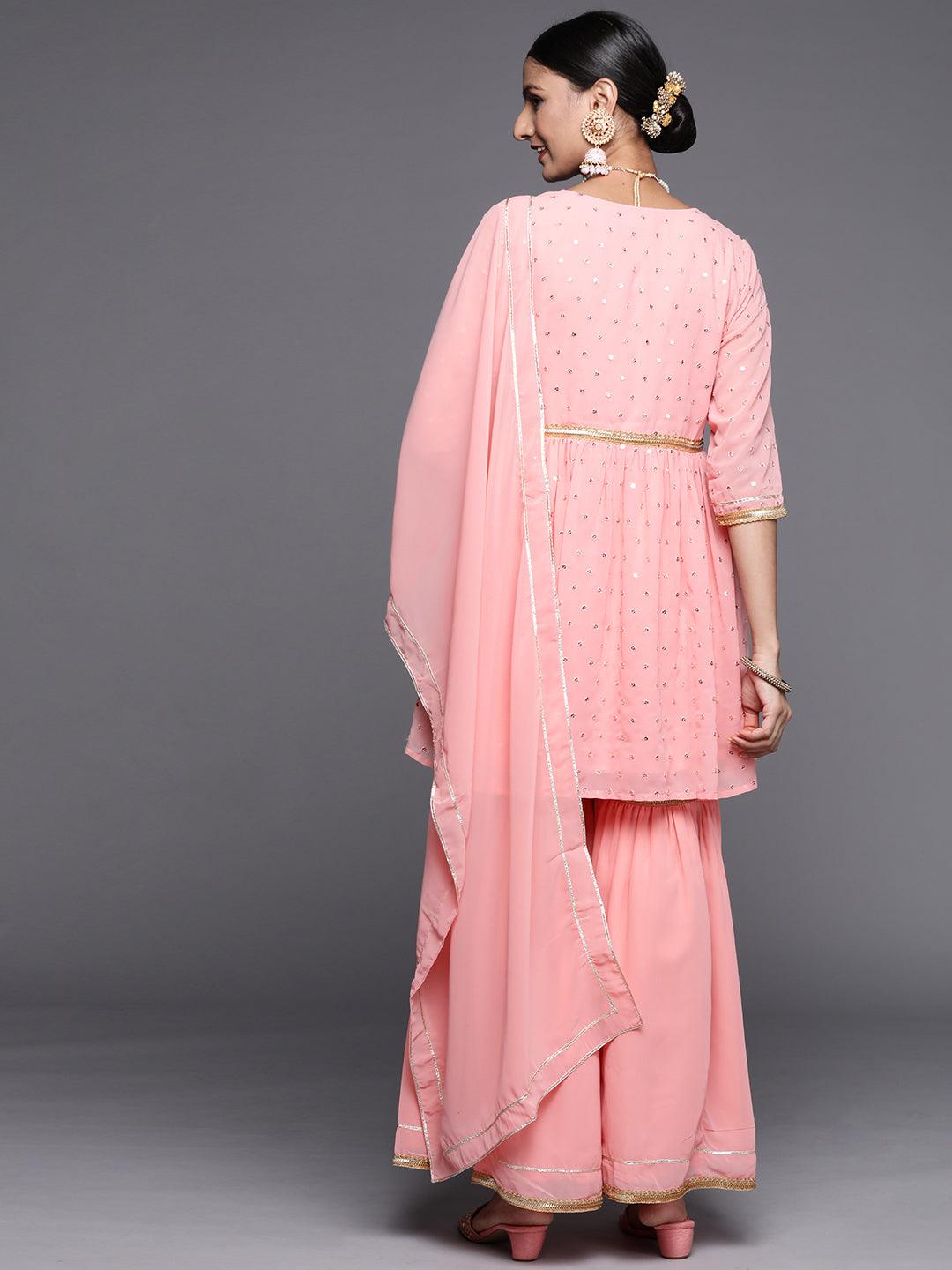 Pink Self Design Georgette Anarkali Sharara Suit Set With Dupatta