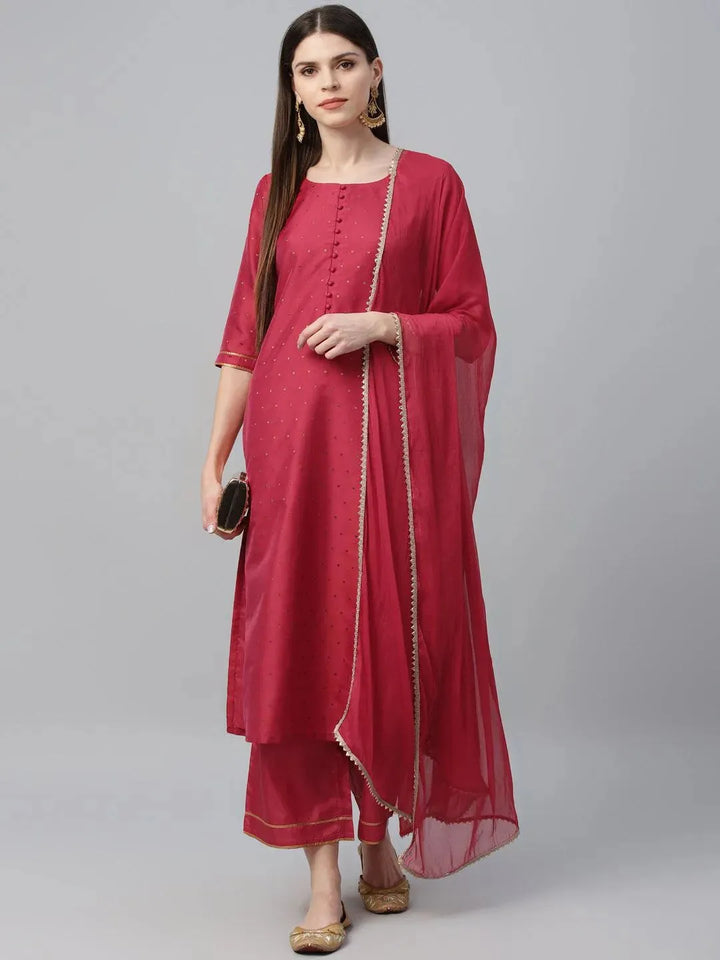 Pink Self Design Polyester Suit Set - Libas